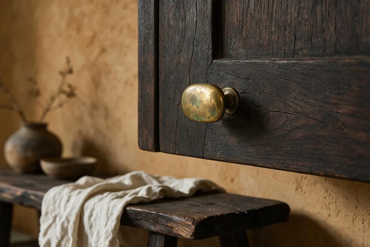 A close-up of a dark, weathered wooden cabinet with visible cracks and a small rounded brass knob. Below it, a rustic bench holds a draped off-white linen cloth, with a blurred earthen vase and bowl against a warm textured wall in the background.