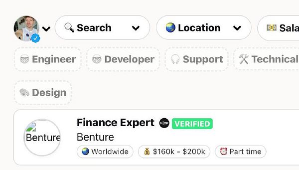 The image displays a user interface for a job listing platform featuring a profile section and job categories.