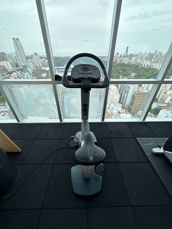 A stationary exercise bike is positioned in a gym with a panoramic city view.