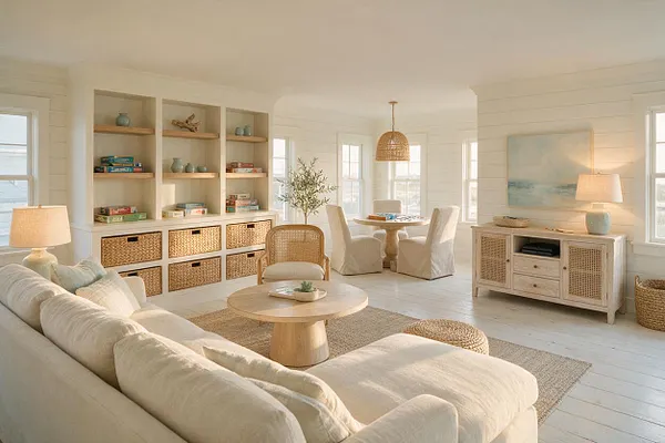 A bright coastal-style game room with a large cream sectional sofa, round wood coffee table, and woven accent chair on a natural rug. Built-in shelves and basket-front cabinets line one wall, while a small game table with slipcovered chairs sits near the windows, creating a relaxed, airy gathering space.