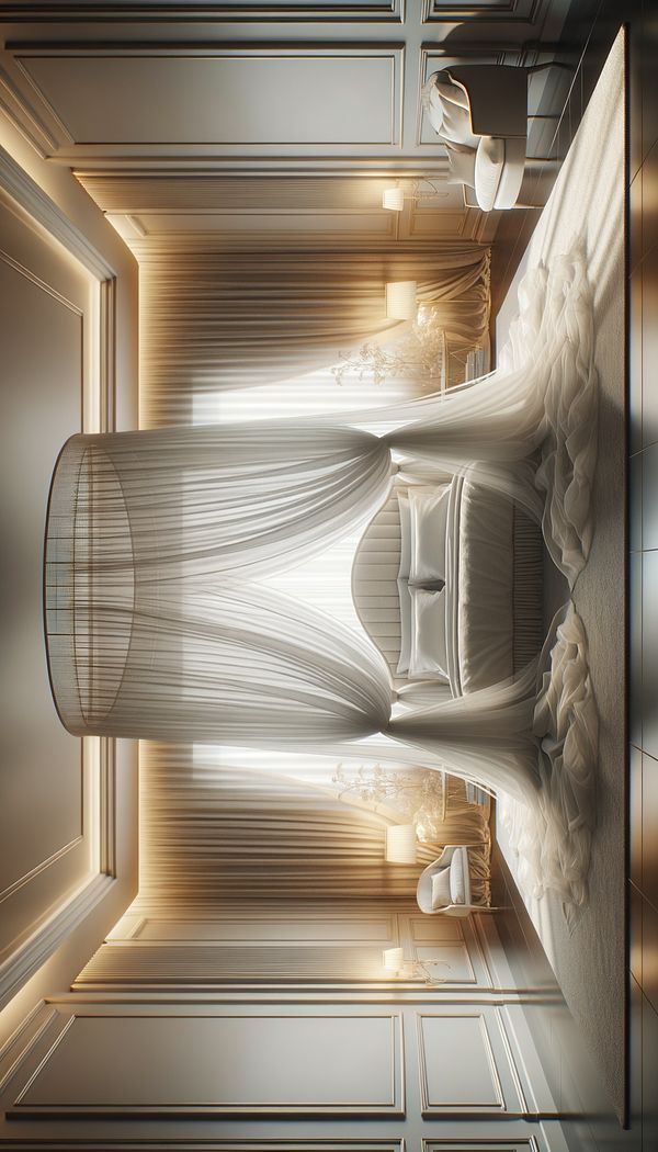 A luxurious bedroom featuring a large canopy bed with sheer white curtains draped around it, highlighted by soft, ambient lighting.