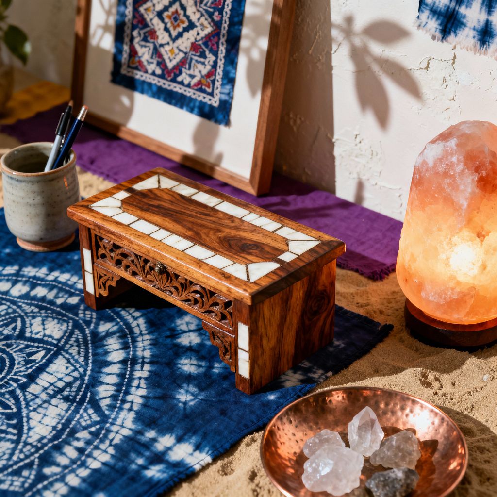 A bohemian desk vignette shows a small carved wooden riser with white stone inlay placed on indigo tie-dye and purple textiles. To the right, a glowing Himalayan salt lamp casts warm light over a hammered copper dish holding clear crystals. A speckled ceramic cup holds pens, while a framed fabric artwork with blue and red geometric patterns leans against an off-white textured wall with soft plant shadows.