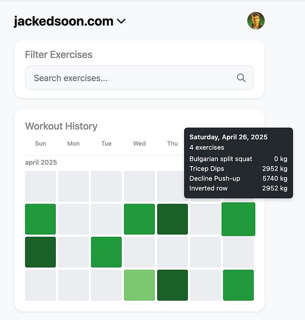 The image displays a workout history interface from a fitness tracking website.