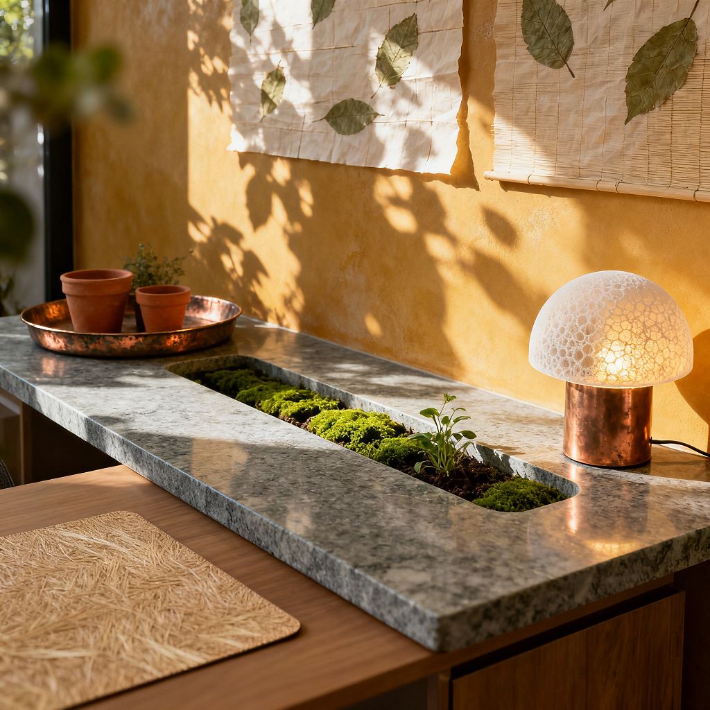 A home office vignette features a gray granite countertop with a long recessed planter filled with lush green moss and a small herb, set over warm wood cabinetry. At the right, a glowing lamp with a copper base and white textured dome sits beside a copper tray with terracotta pots. An ochre plaster wall hangs leaf-pressed textiles, while sunlight from a nearby window casts soft plant shadows across the wall and stone surface.