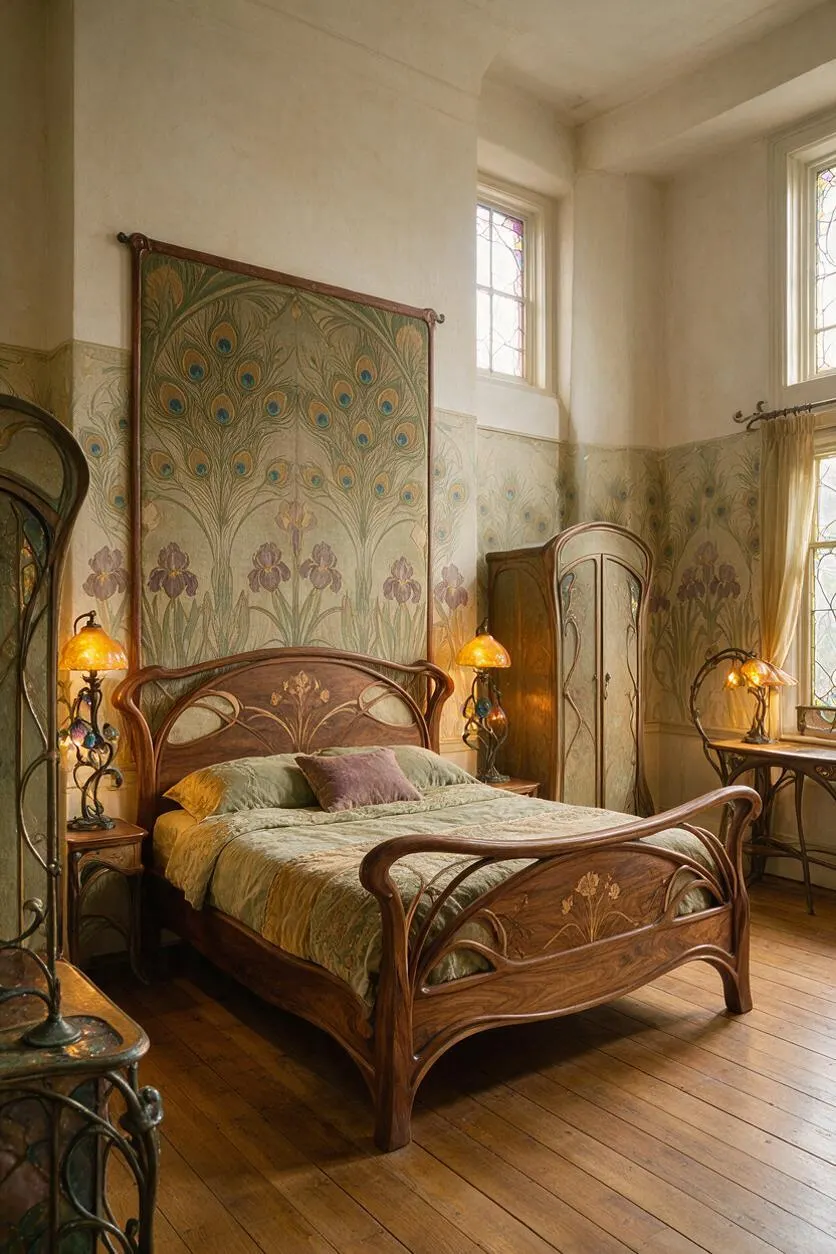 An Art Nouveau master bedroom with a carved wooden bed, floral and peacock feather wall art, amber glass lamps, and tall stained-glass windows. Warm wood floors and flowing organic details create an elegant vintage atmosphere.
