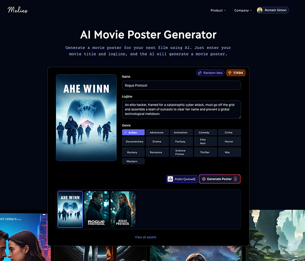 The image displays a user interface for an AI movie poster generator, showcasing a sample movie poster and input fields for generating a new poster.