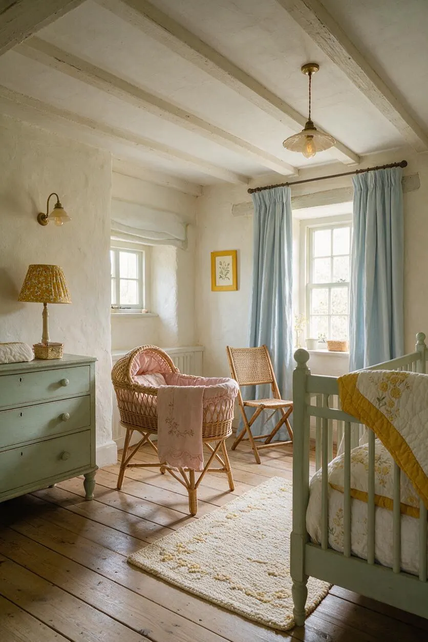 A cozy cottage-style nursery with white plaster walls, exposed ceiling beams, and wide plank wood floors. The room includes a mint-green crib, a wicker bassinet with pink bedding, a small rattan chair, pale blue curtains, a painted dresser, and warm brass lighting.