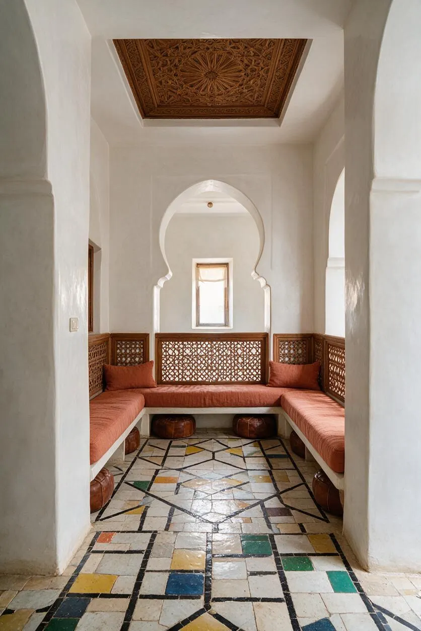 A Moroccan-style entryway with white plaster walls, a carved wooden ceiling panel, and an ornate horseshoe arch framing a small window. Built-in bench seating with terracotta cushions and carved lattice wood panels lines the back and sides, while the floor features a geometric mosaic of white, black, blue, green, yellow, and orange tiles.