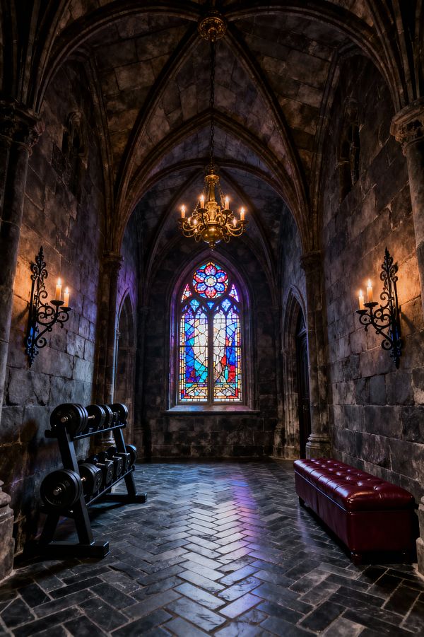 A narrow Gothic-style home gym occupies a chapel-like stone chamber with ribbed, pointed vaults and a tall stained glass window casting colored light onto a black herringbone tile floor. A black steel rack of dumbbells stands on the left beneath wrought iron candle sconces, while a tufted burgundy leather bench lines the right wall, and an antique brass chandelier hangs from the ceiling, creating warm, moody illumination against the charcoal stone masonry.