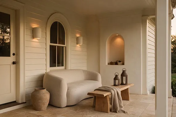 A front porch styled in organic modern design with a rounded beige sofa, a simple wooden bench, and two black lanterns on the bench. The space features white horizontal siding, an arched window and wall niche, a cream front door, stone tile flooring, and a large clay pot for a warm, natural look.