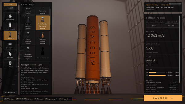 User interface displaying a rocket design in the Spacesim builder with engine selection and mission details panels.