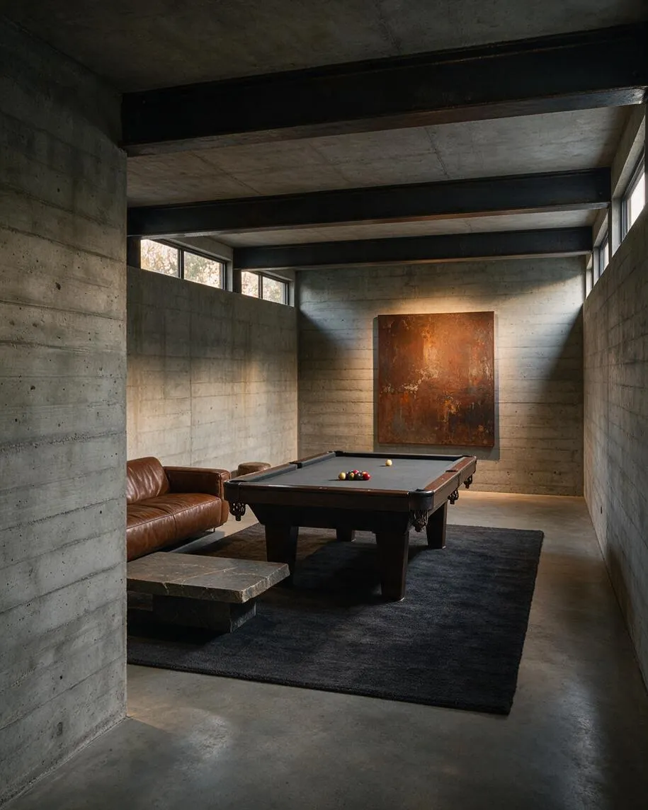 A moody game room with raw concrete walls and ceiling beams, centered around a dark pool table on a charcoal rug. A brown leather sofa and stone bench sit to the left, while a large rust-toned artwork glows on the far wall under soft natural light.