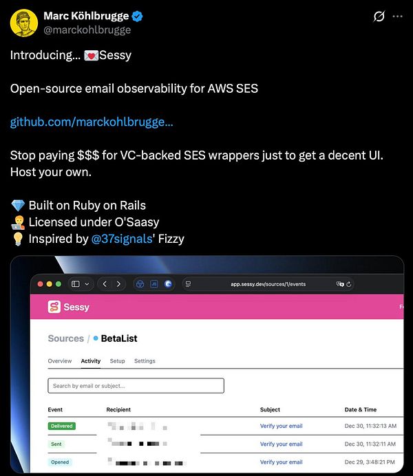 The image features a tweet announcing the launch of an open-source email observability tool called 'Sessy' along with a screenshot of its user interface.