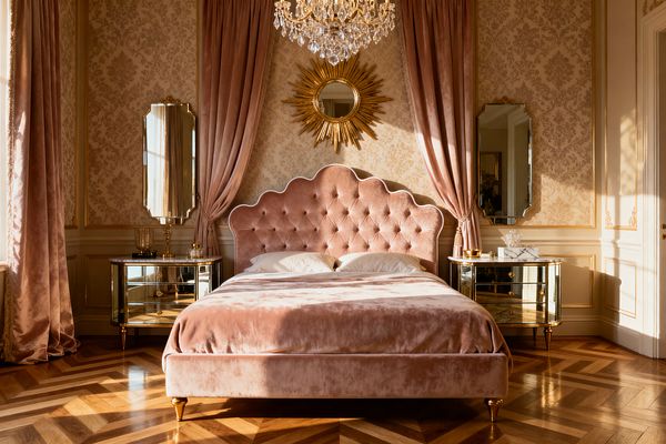 A vintage glam bedroom centers on a blush pink velvet bed with a scalloped, tufted headboard, flanked by curved mirrored nightstands with gold knobs. Gold damask walls with ornate trim are draped in matching blush velvet, topped by a gilded sunburst mirror and a crystal chandelier. Warm sunlight from a tall window highlights the herringbone parquet floor and metallic details, creating a symmetrical, luxurious setting.