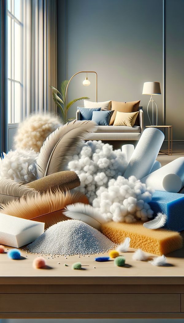A variety of fill materials, including down feathers, synthetic fibers, and foam, displayed on a table, with furniture and decorative pillows in the background to illustrate their application in interior design.