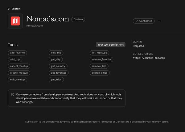 Dashboard for Nomads.com showing available tools, permissions, and connection settings.