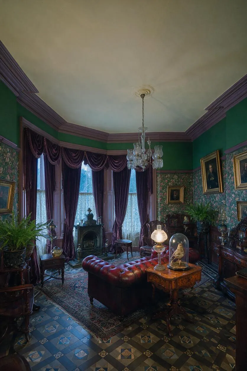 A richly decorated Victorian sunroom with deep green walls, purple drapery, patterned wallpaper, and a crystal chandelier. The room features a red tufted leather ottoman, ornate wood furniture, framed artwork, layered rugs, and decorative objects arranged near tall windows with lace curtains.