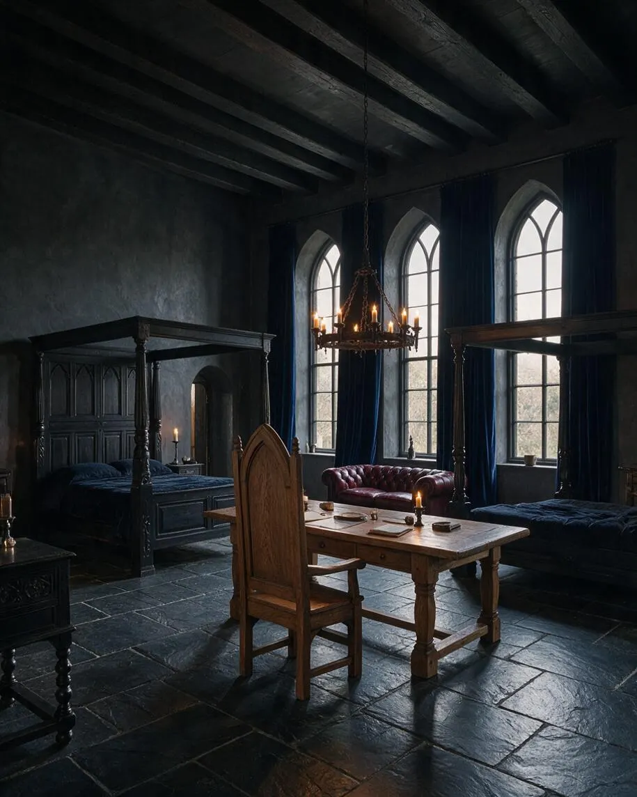 A dark Gothic-style studio apartment with tall pointed-arch windows, heavy velvet drapes, and a wrought-iron chandelier lit by candles. The room includes two dark four-poster beds, a leather tufted sofa, a rustic wooden dining table, and a high-backed chair on a slate-tiled floor with exposed wooden ceiling beams.