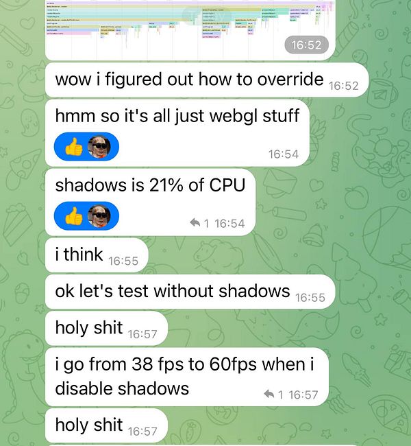 A chat conversation discussing performance improvements by disabling shadows in a WebGL context.