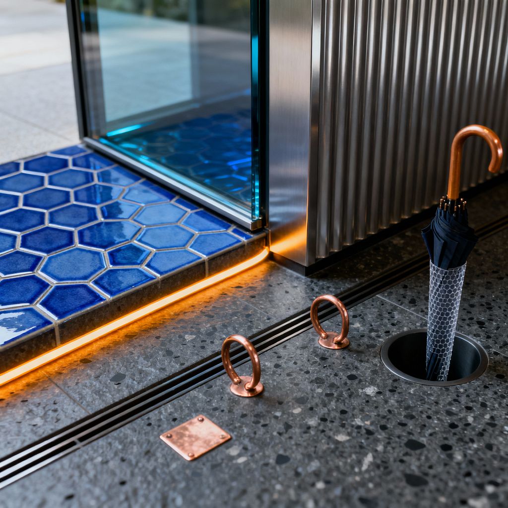 Close-up of a futuristic mudroom entry featuring cobalt blue hexagonal tiles meeting charcoal terrazzo with twin linear drain channels. A fluted stainless-steel panel and blue-tinted glass door sit above a warm LED strip at the threshold. Copper details include two floor-mounted loops, a small square plate, and an umbrella with a curved handle set into a recessed cylindrical holder, creating a sleek, organized arrival zone.