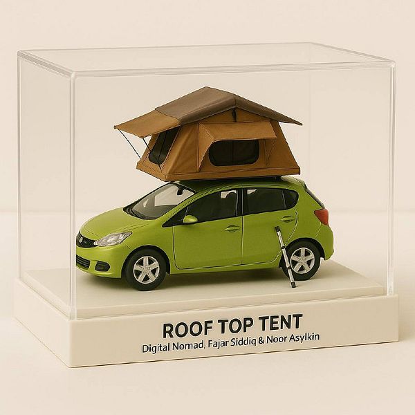 A miniature model of a green car with a rooftop tent displayed in a clear showcase box.