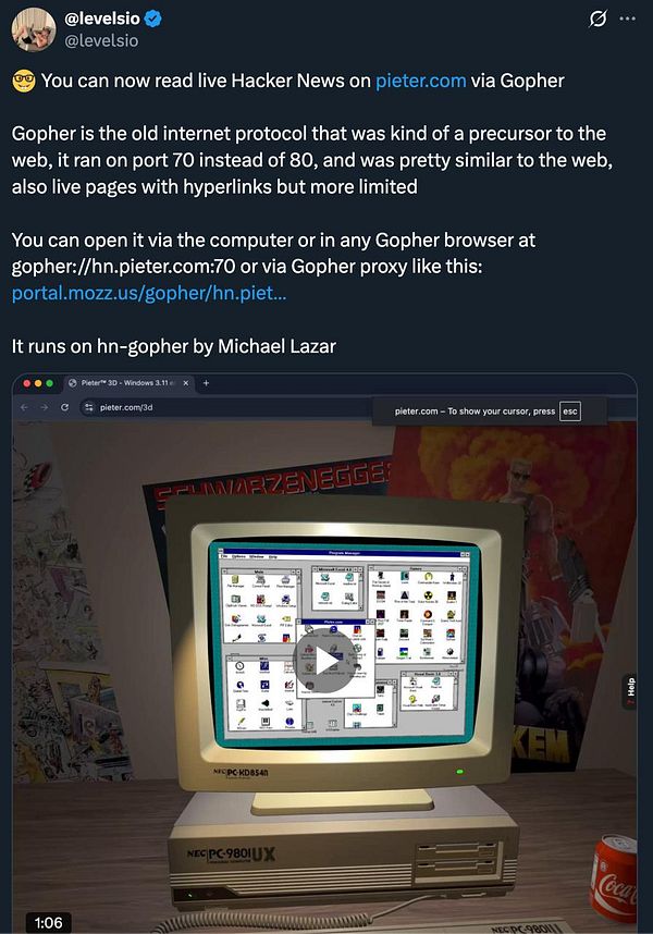 A retro computer setup displaying a Gopher interface for accessing Hacker News.