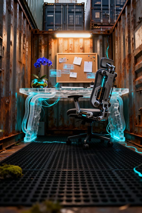 A compact home office inside a rusted shipping container shows a clear acrylic desk with sculptural ribbed legs illuminated by cyan LEDs and flexible tubing. A high-tech gray ergonomic chair with exposed metal mechanisms rests on a black perforated rubber floor. Above the desk, a bright tube light and a corkboard with pinned notes organize the wall, while a glass bowl with a purple orchid and moss adds color among the raw steel surfaces and glowing cables.