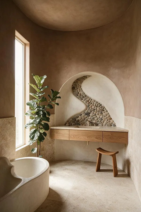 A serene powder room with curved plaster walls and ceiling, a floating wood vanity, and an arched niche filled with river stones. A tall narrow window brings in daylight beside a sculptural plant, while a small wooden stool and rounded soaking tub-like basin add warm organic forms.