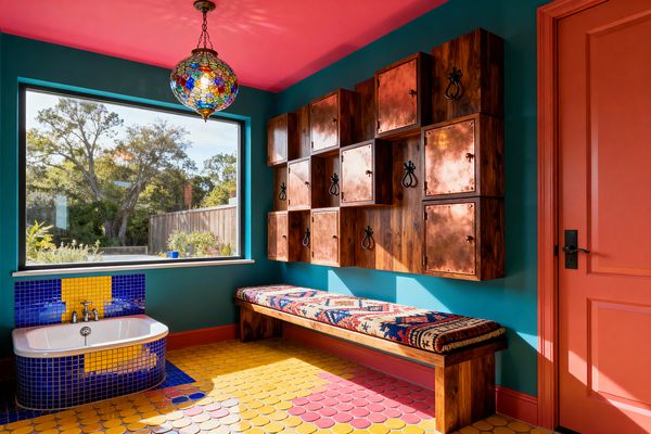 A vibrant mudroom with teal walls and a coral-pink ceiling features a wall of walnut cubbies faced in hammered copper with black iron ring pulls. A solid-wood bench with a patterned kilim cushion runs beneath them. The floor is a gradient of penny tiles from yellow to rose. At the window, a white utility sink is wrapped in cobalt blue and yellow mosaic tile. A multicolored stained-glass pendant hangs overhead, and a large picture window frames a garden view.