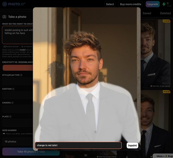The image displays a photo editing interface for a model's image with an inpainting feature.