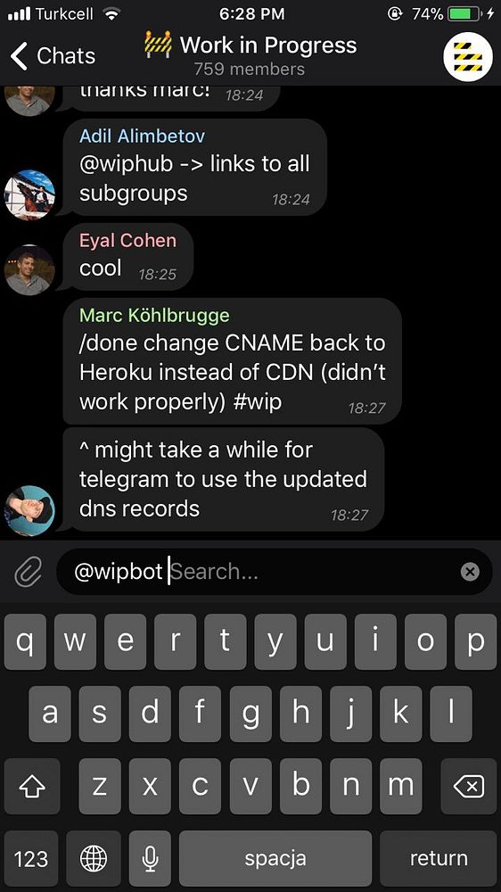 A chat interface displaying a conversation among members of a group called 'Work in Progress'.