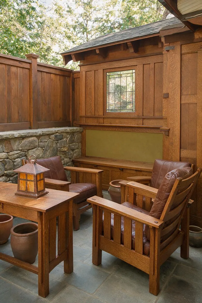 A cozy Craftsman-style backyard seating area with a wooden pergola-like structure, paneled wood walls, and a stone half wall. Two brown leather-cushioned wooden armchairs face a simple wood table with a lantern on top, all set on a stone paver floor with potted clay planters nearby.