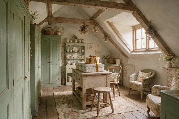 A cozy cottagecore closet under a sloped ceiling features sage green built-in wardrobes, a distressed wood island table, floral upholstery, and open shelving filled with delicate ceramics. Exposed beams, a wood-framed skylight, dried flowers, and a muted floral rug create a warm, romantic atmosphere.