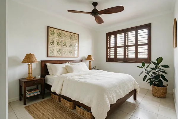 A serene guest bedroom with a dark wood bed dressed in crisp white bedding, matching wicker table lamps, and a woven rug. White walls, dark wood shutters, a ceiling fan, framed botanical art, and a potted plant create a calm tropical atmosphere.