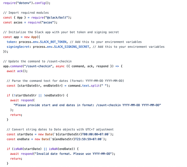 The image displays a code snippet for a Slack bot that counts sport check-ins based on user input dates.