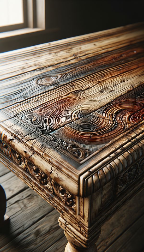 A close-up of a beautifully hand distressed wooden table, showcasing the intricate patterns of wear, including scratches, dents, and faded paint, creating a sense of history and warmth.