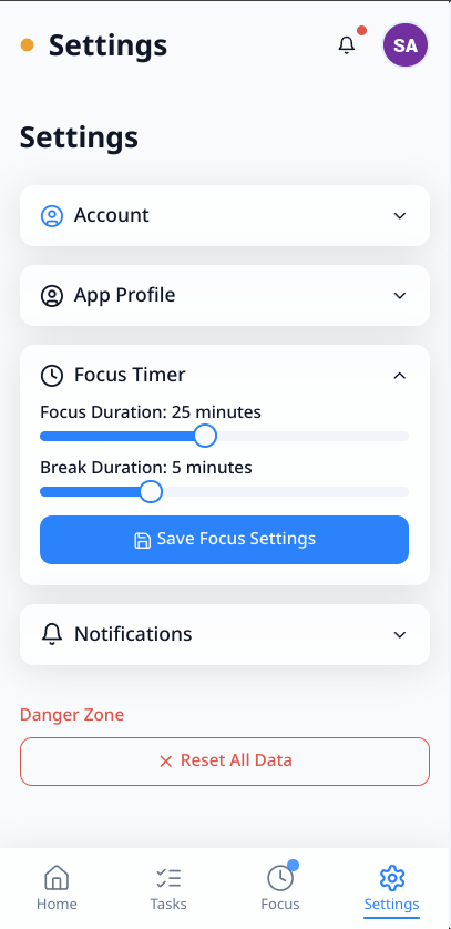 The image displays the settings interface of a web app designed to assist users with ADHD.