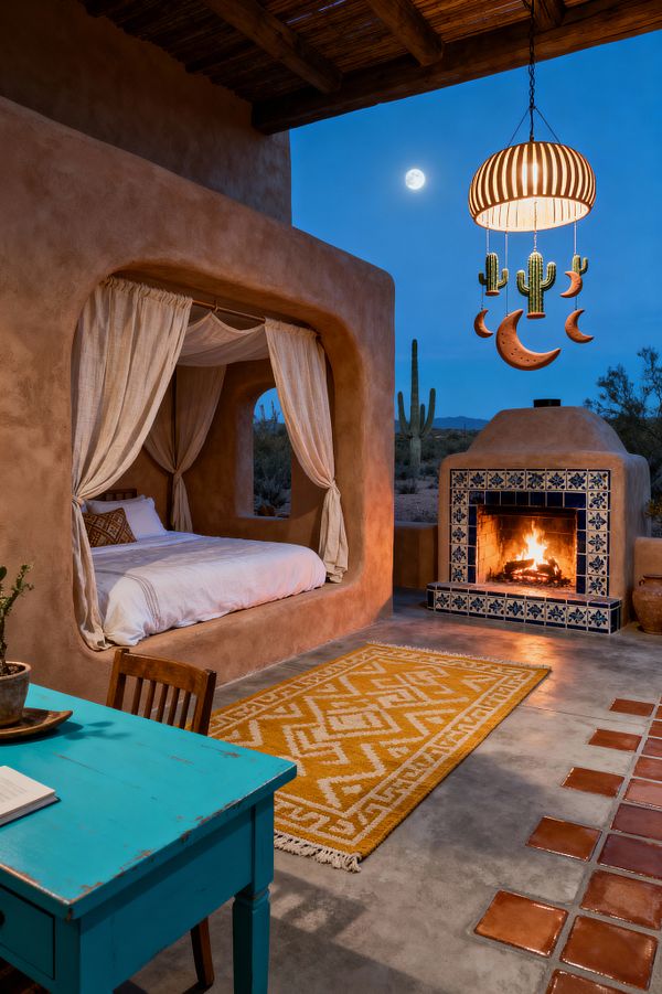 A Southwestern kids’ room with an adobe bed alcove draped in light linen and white bedding sits beside a kiva-style fireplace clad in blue-and-white Talavera tile with a glowing fire. A mustard geometric rug warms the concrete floor dotted with terracotta pavers. A turquoise painted desk and wooden chair add color. Overhead, a slatted pendant with hanging cactus and crescent shapes glows beneath wood vigas, opening to a desert view with saguaros and a full moon.