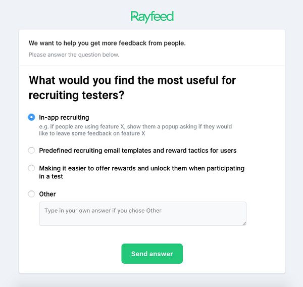 The image displays a survey interface from Rayfeed asking for feedback on recruiting testers.