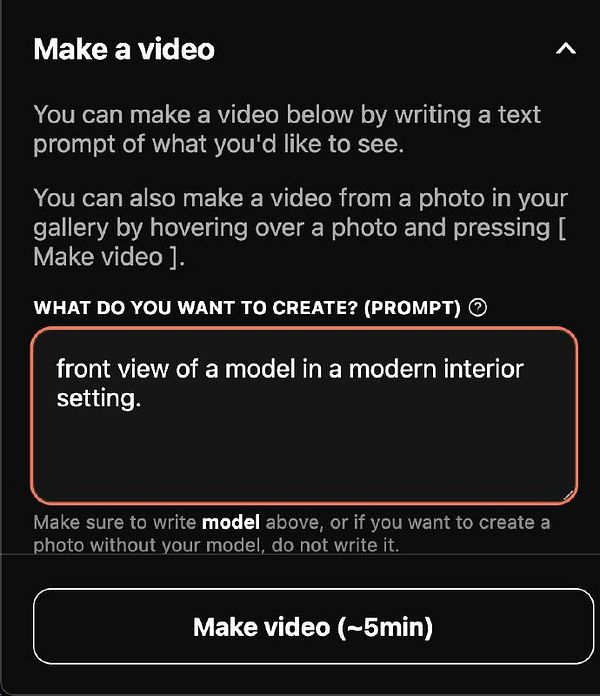 The image displays a user interface for creating a video with a text prompt input section.