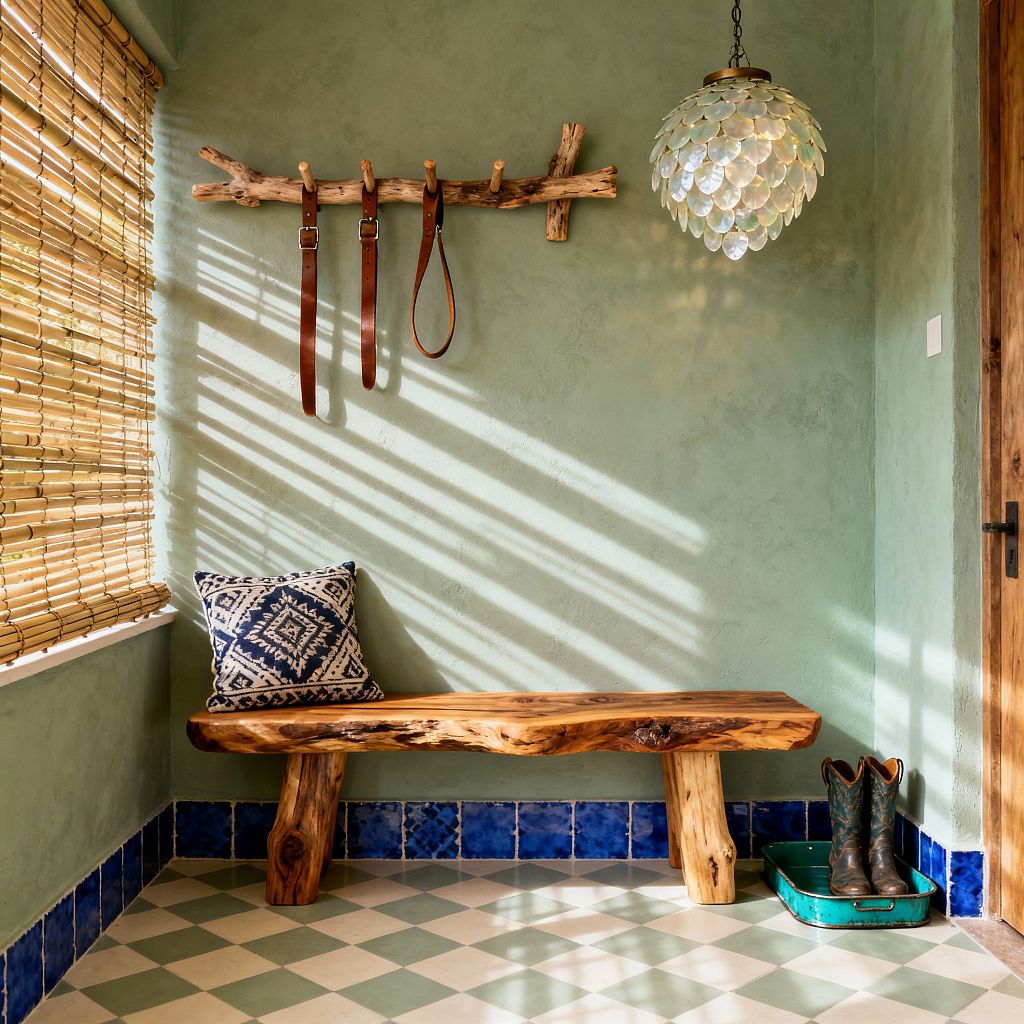 A small mudroom with sage green limewashed walls features a live-edge wooden bench, a blue-and-white geometric pillow, and a driftwood wall rack holding leather straps. Sunlight filters through bamboo blinds, casting stripes on a cream and pale green checkerboard floor, while a scalloped capiz shell pendant hangs overhead; a cobalt blue tile border trims the base and a turquoise boot tray with cowboy boots sits by a rustic wood door.