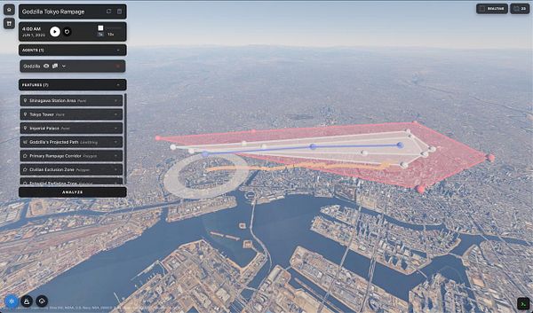 A 3D map visualization of a simulated Godzilla rampage in Tokyo, featuring various geographic and strategic elements.