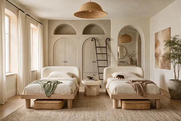 A calm kids' room features two low platform beds with rounded upholstered headboards, neutral bedding, and woven baskets tucked underneath. The room has arched built-in cabinetry, a central stone side table, cream curtains, a woven pendant light, and soft beige finishes throughout.