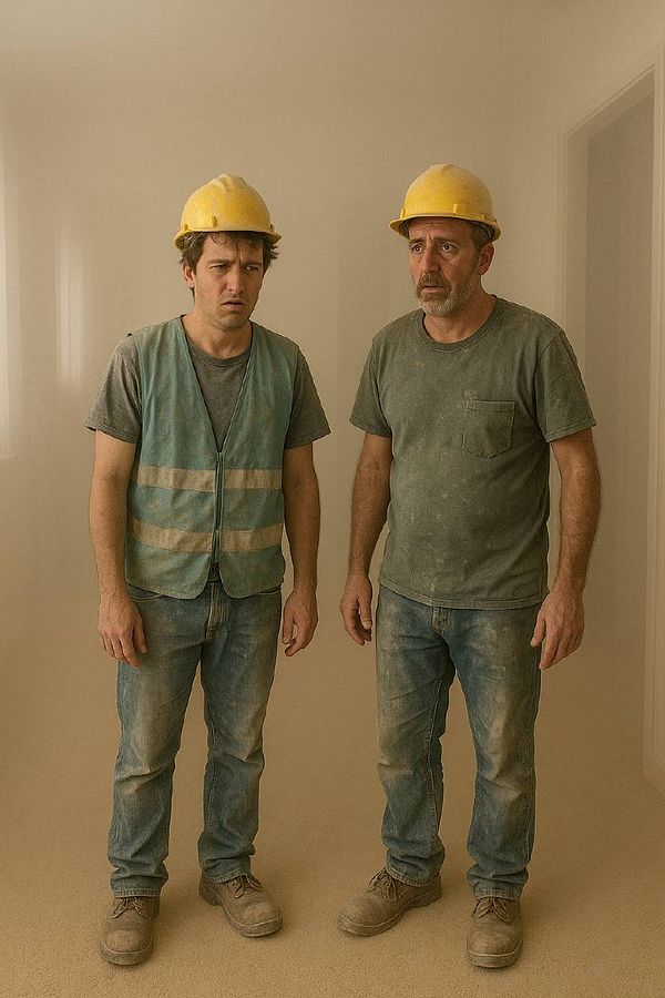 Two construction workers stand in a dusty room, looking bewildered after removing a plastic wall cover.