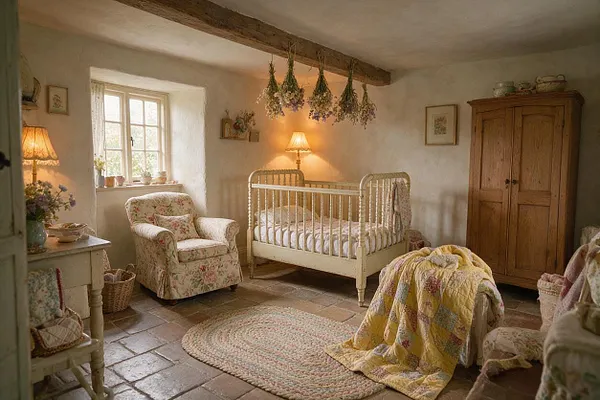 A cozy cottagecore nursery with white plaster walls, exposed wood beams, a painted wooden crib, floral upholstered armchair, and a tall wood wardrobe. Soft warm lamp light, hanging dried flowers, woven rug, and pastel fabrics create a gentle, rustic atmosphere.
