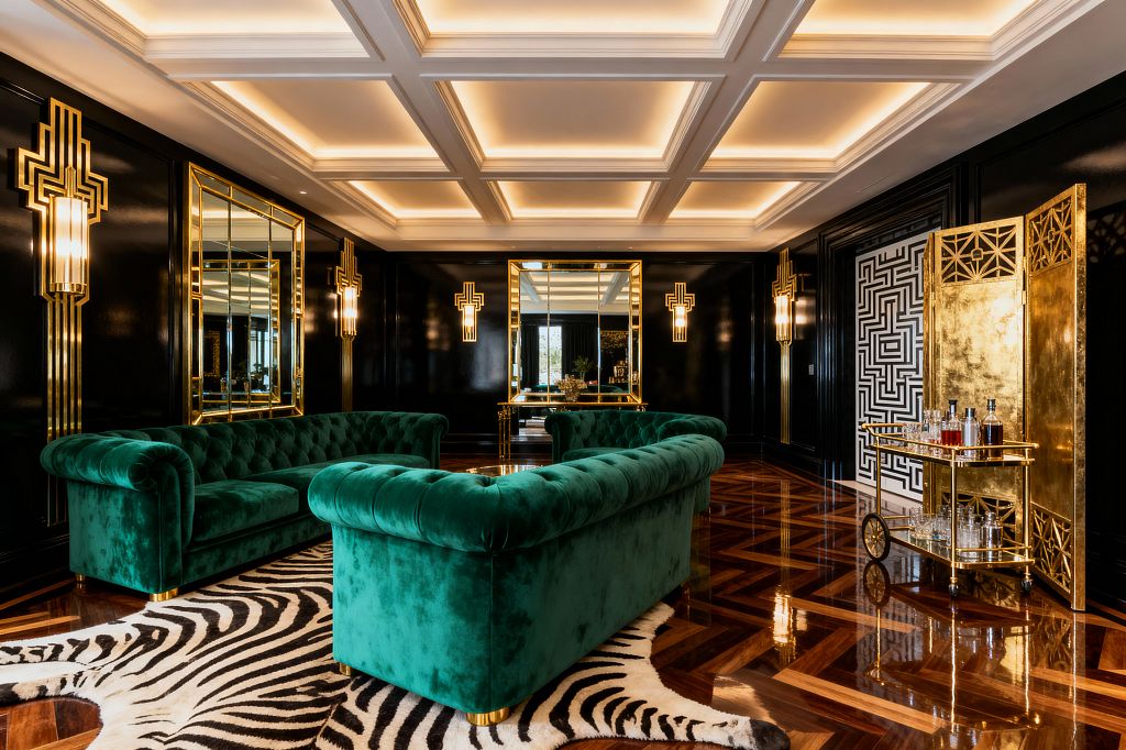 Luxurious Hollywood Regency media room with two emerald green tufted velvet sofas facing each other on a zebra hide rug over a glossy mahogany chevron floor, set against black lacquered walls with gold Art Deco sconces and large square mirrors. A gilded console and mirror anchor the far wall, while a brass bar cart and gold-leaf screen sit beside a black-and-white geometric panel, all beneath a white coffered ceiling with warm recessed cove lighting.