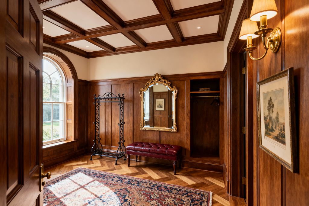 A traditional home gym anteroom with walnut-stained wood paneling and a coffered ceiling. An arched window brings daylight into the room. A gold-framed ornate mirror hangs above a tufted burgundy leather bench, with a black wrought-iron garment rack on one side and an open built-in locker niche with hangers on the other. A Persian-style rug covers a herringbone wood floor. A brass wall sconce with fabric shades and recessed ceiling lights provide warm illumination.