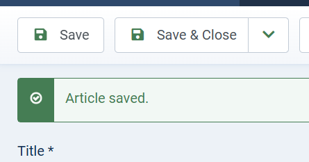 The image displays a user interface indicating that an article has been successfully saved.
