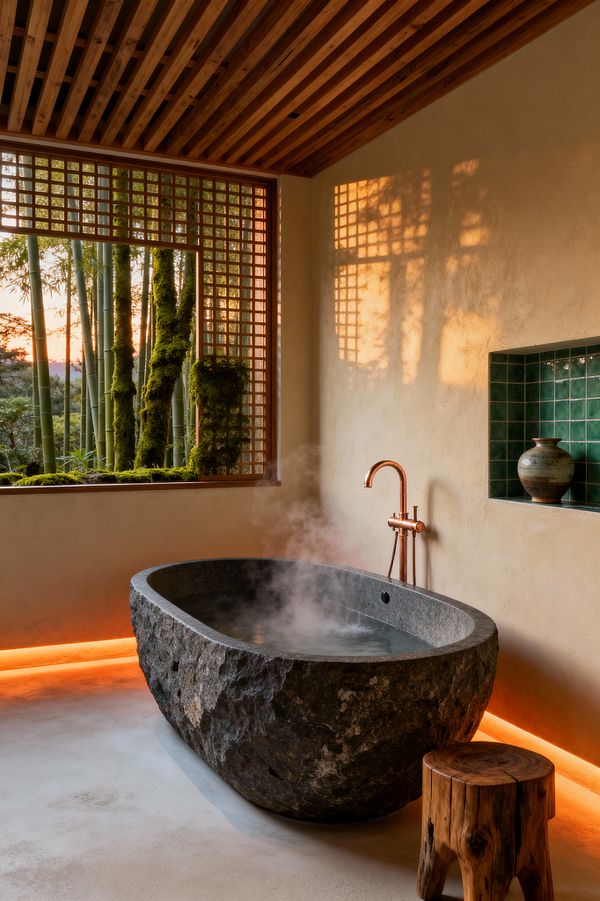 A serene Japanese Zen bathroom centers on a rough-hewn basalt soaking tub steaming on a smooth concrete floor beneath a slatted wood ceiling. Warm plaster walls and amber cove lighting frame a wood lattice window overlooking mossy bamboo; a recessed niche lined with glossy green tiles holds a ceramic vessel, while a freestanding copper faucet and a rustic stump stool complete the minimal, tactile composition.