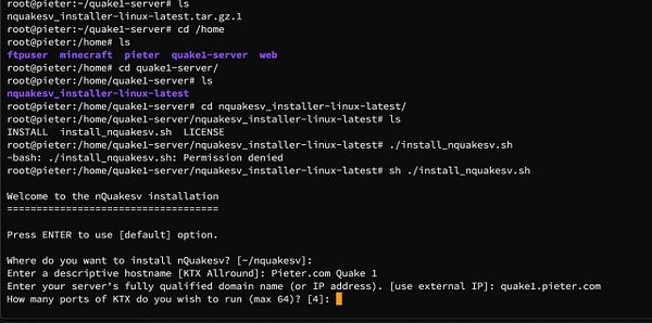 A terminal interface displaying the installation process for the nQuake server on a Linux system.